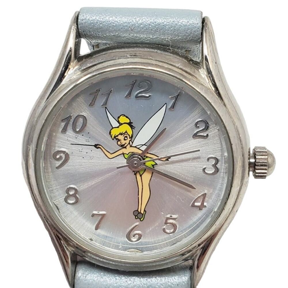 Disney Tinker Bell Round Silver Analog Watch Blue Leather Band Women's